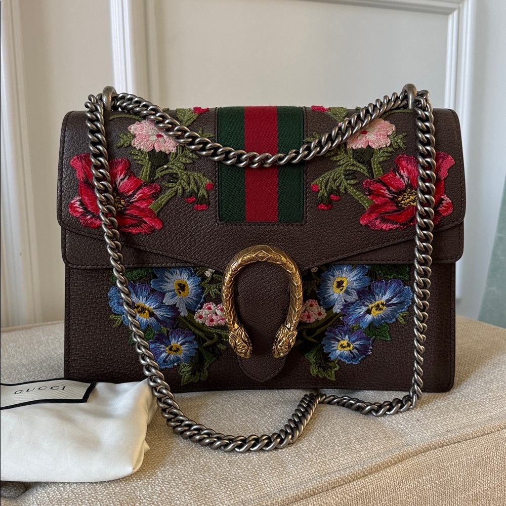 Auth Gucci Medium Dionysus Embroidery Brown Shoulder Chain Bag Dustbag Mint cond